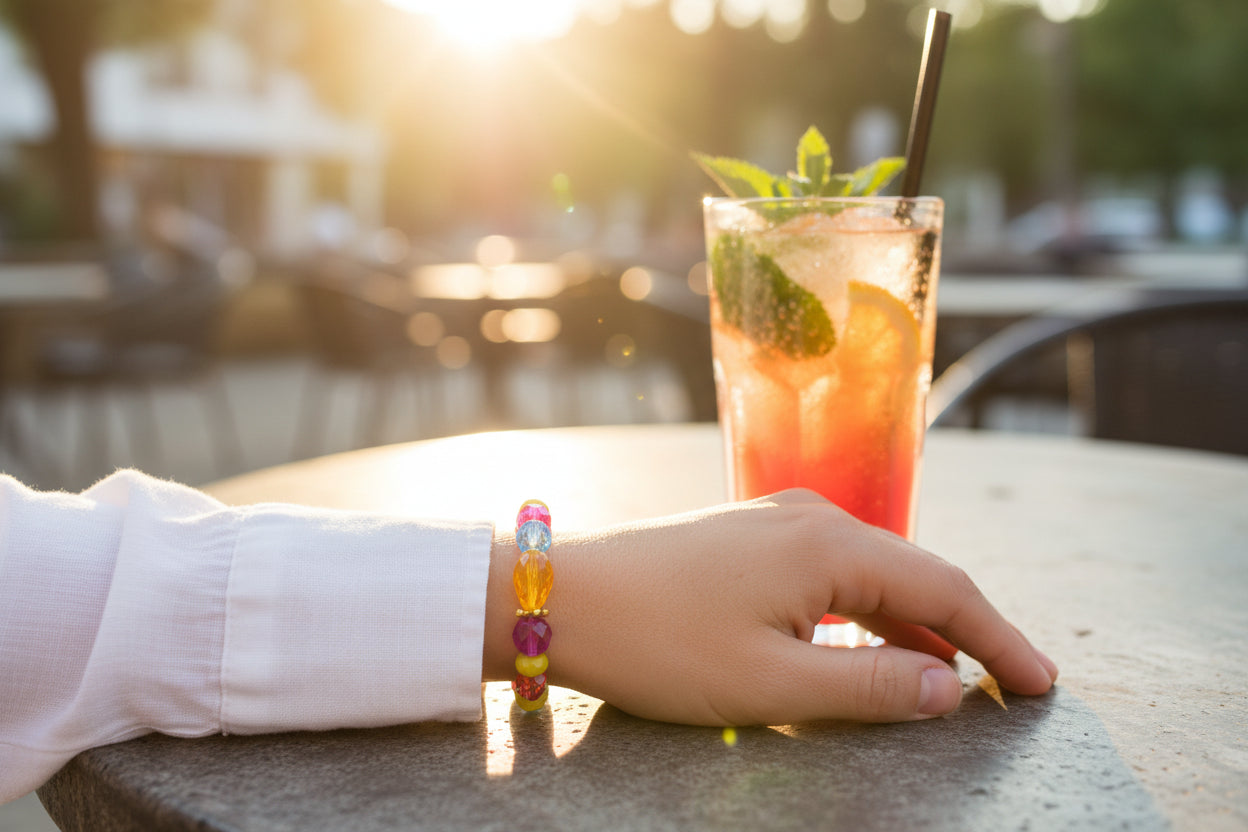 A colorful beaded stretch bracelet featuring faceted round beads in pink, blue, yellow, orange, and red, accented by two larger teardrop-shaped yellow beads flanking a central magenta faceted bead, set against a plain light gray background.