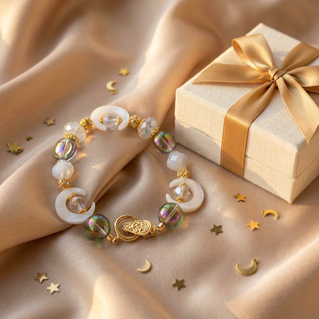 A beaded stretch bracelet featuring white crescent moon beads, iridescent round beads with colorful centers, and gold-toned spacer rings and clasp.