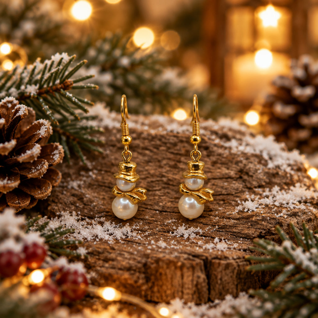 A pair of gold drop earrings with a textured, layered gold top and a single white freshwater pearl hanging below, displayed on a clear acrylic stand against a neutral gray background.
