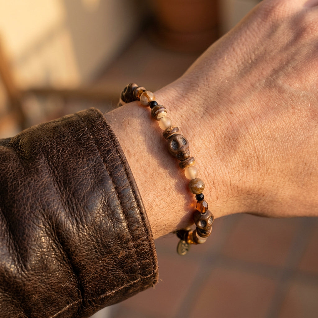 A beaded stretch bracelet featuring carved skull beads, faceted amber-brown beads, and smooth cream-colored beads, displayed on a neutral light gray background.