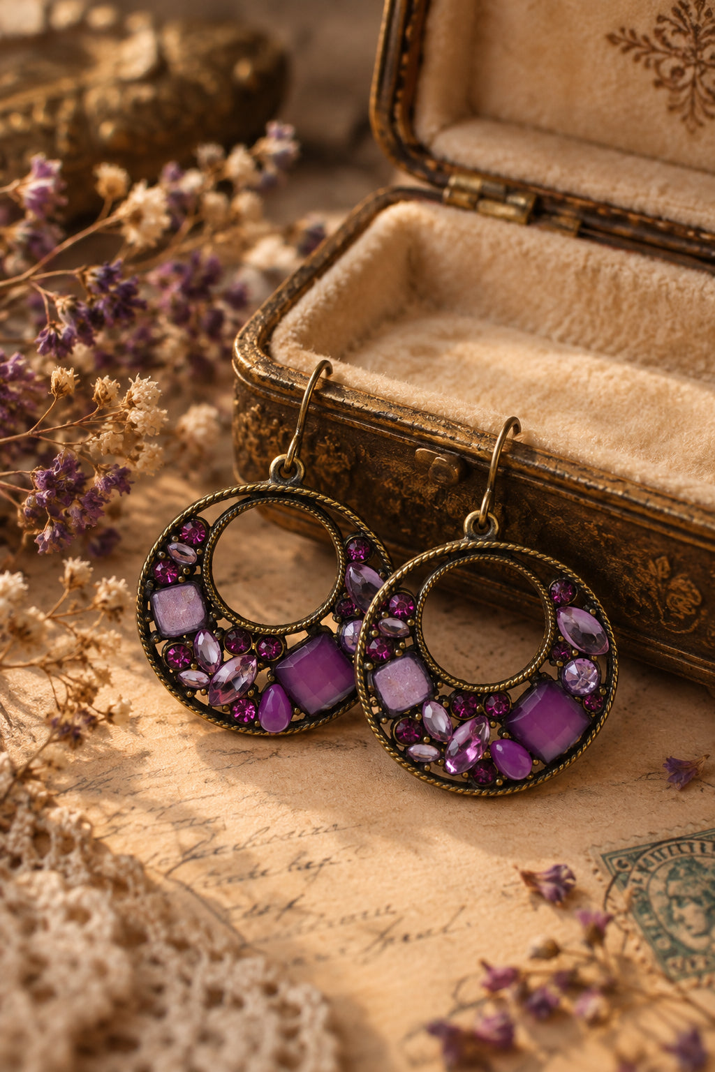 A pair of dangling hoop earrings with an antique bronze-tone metal frame, decorated with faceted purple and pink rhinestones, shown against a plain light gray background.