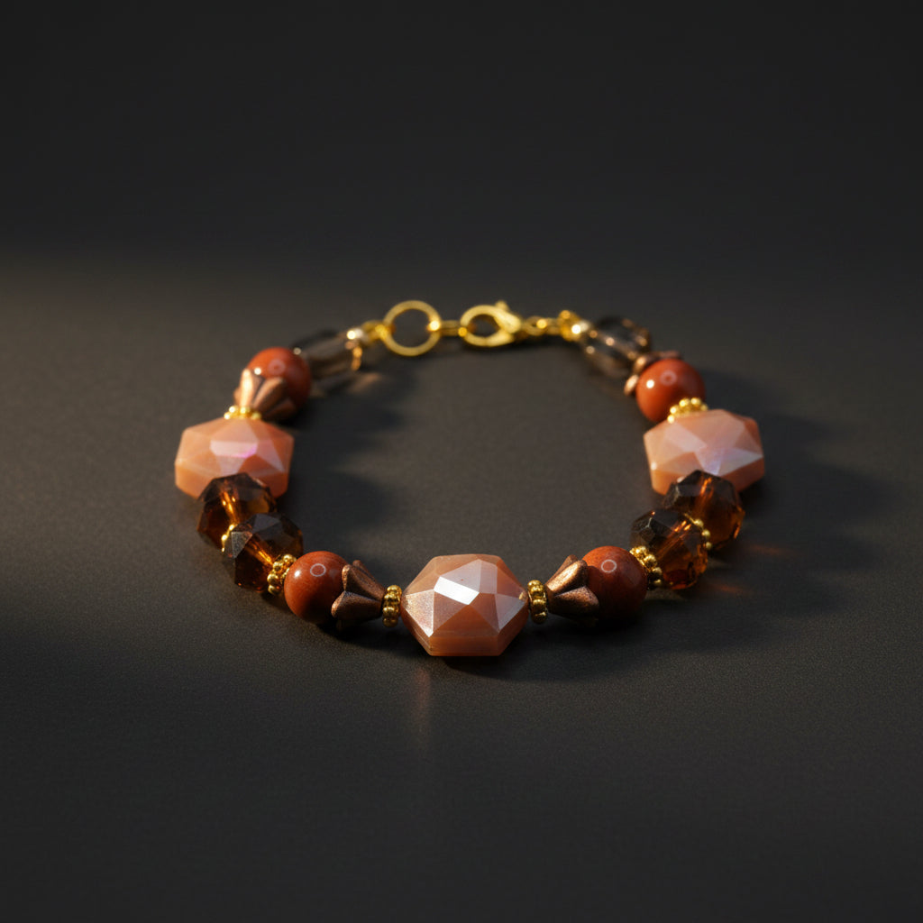 A beaded bracelet with faceted amber-brown beads, some with an iridescent finish, accented by small gold spacers and a gold clasp, shown on a plain light gray background.