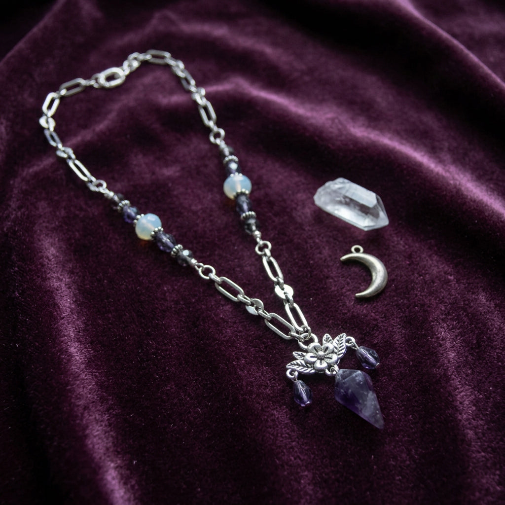 A silver-toned beaded necklace featuring dark purple faceted beads and a central filigree pendant with a larger teardrop-shaped purple gemstone, displayed on a neutral gray background.