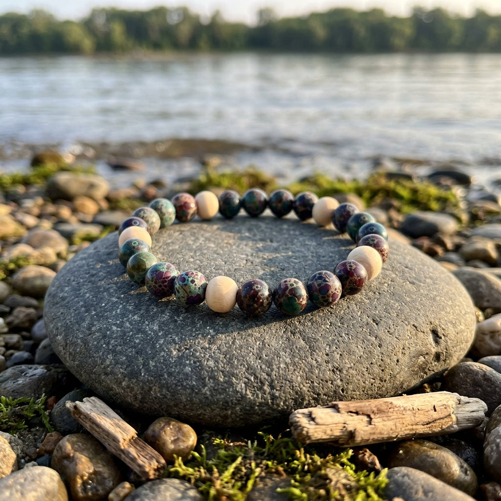 A beaded stretch bracelet made of dark marbled beads and light cream wooden beads, displayed on a plain light gray background.
