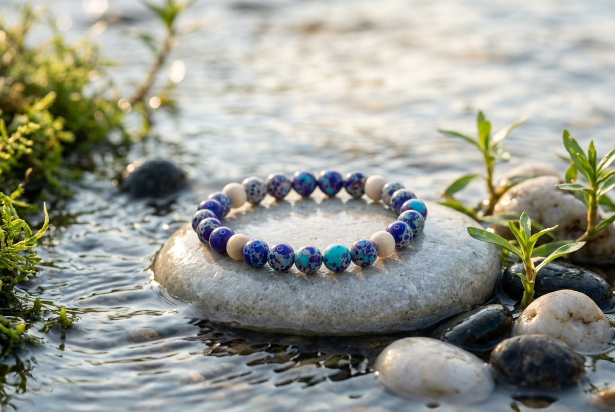 A beaded stretch bracelet featuring dark blue and turquoise marbled beads, light beige wooden beads, and small silver-toned spacer beads, displayed on a neutral gray background.