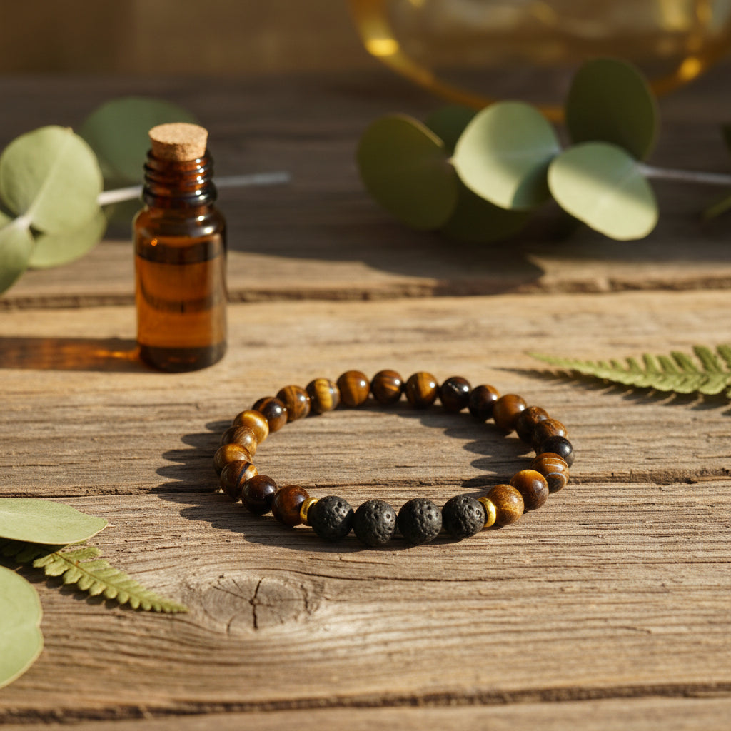 A beaded stretch bracelet featuring alternating round brown and black tiger's eye beads, with a small gold spacer bead near the bottom center, displayed on a neutral light gray background.