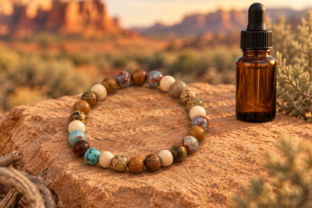 A beaded stretch bracelet made of round stone beads in earthy brown, cream, and turquoise blue, arranged in a circle on a plain light gray background.