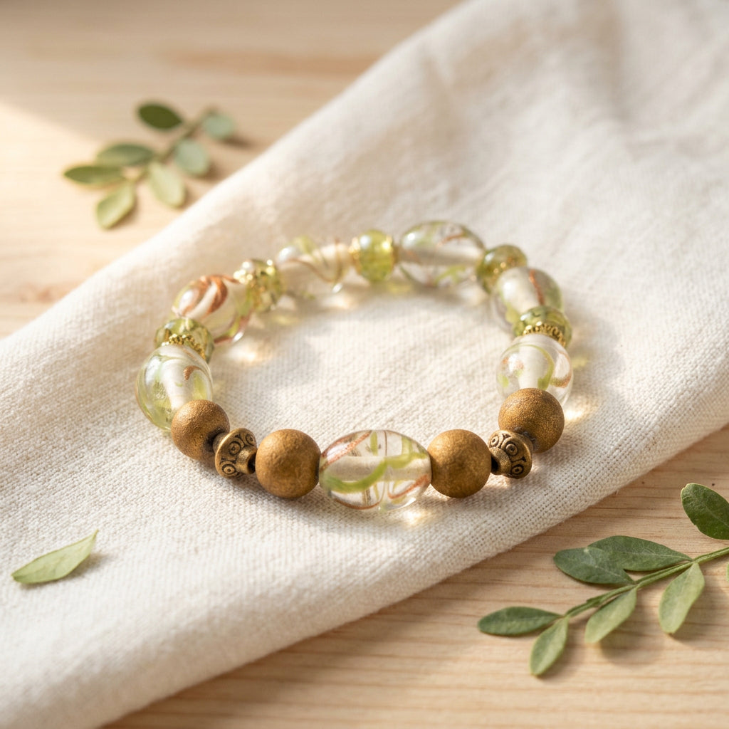 A handmade beaded stretch bracelet featuring clear glass beads with green and orange swirls, matte gold-toned round beads, and small metallic bronze spacers, displayed on a plain light gray background.