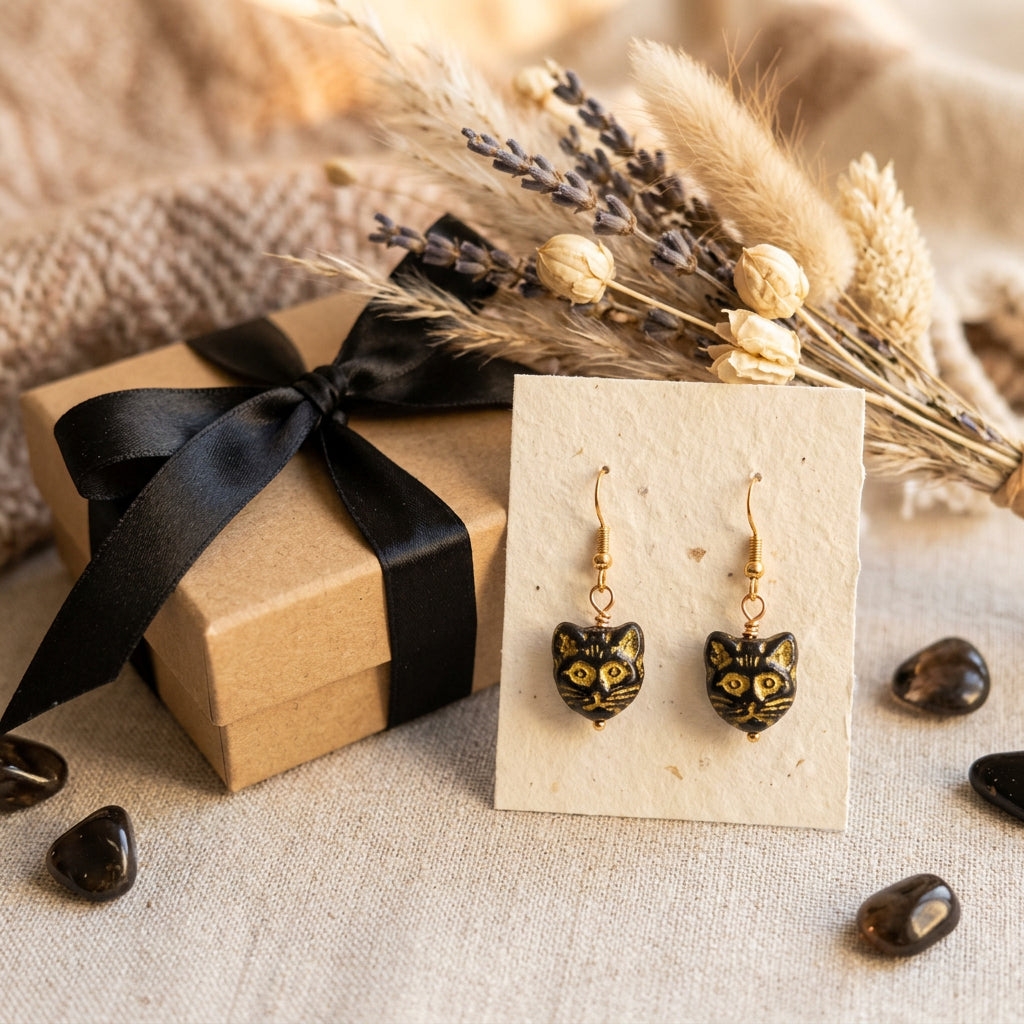 A pair of dangling earrings with small black cat-shaped charms outlined in gold and yellow eyes, attached to gold fishhook wires, shown on a plain light gray background.