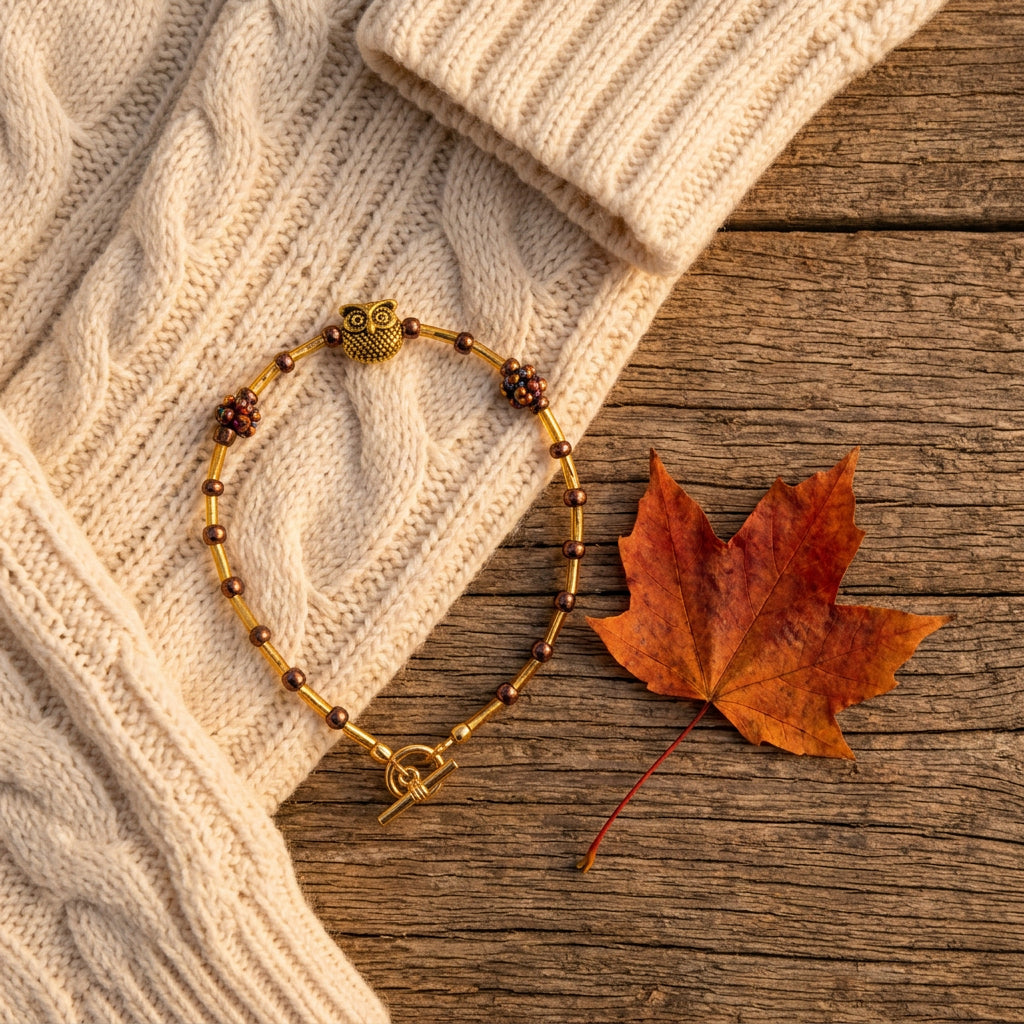 A gold-toned beaded bracelet with dark brown beads, featuring a small gold frog charm and floral accents, displayed on a plain light gray surface.