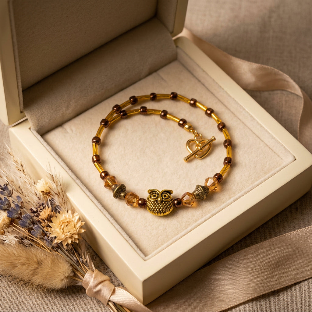 A beaded bracelet with small brown beads, translucent amber crystal beads, and a central gold-toned owl charm, displayed on a plain light gray background.