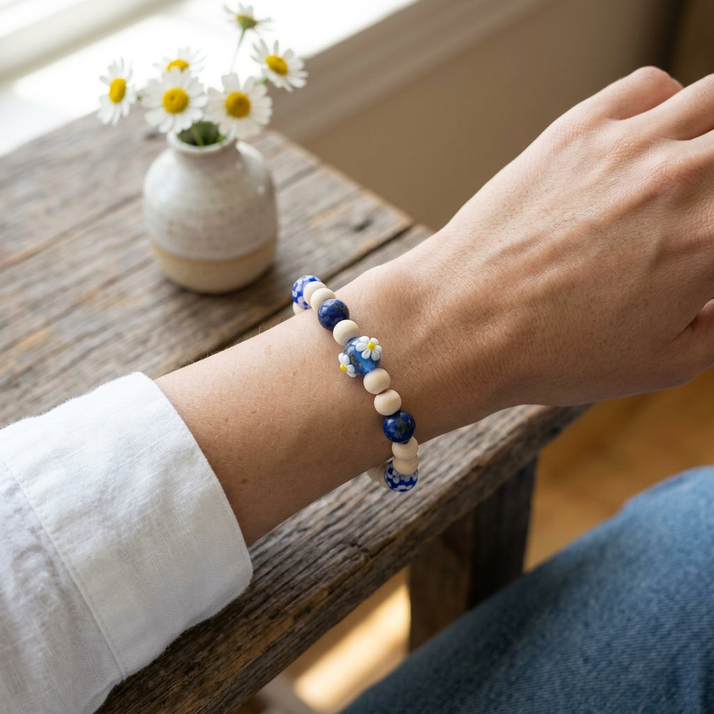A beaded stretch bracelet featuring natural wood beads, dark blue glass beads, a blue and white patterned bead, and two small white and blue flower charms, displayed on a plain light gray background.