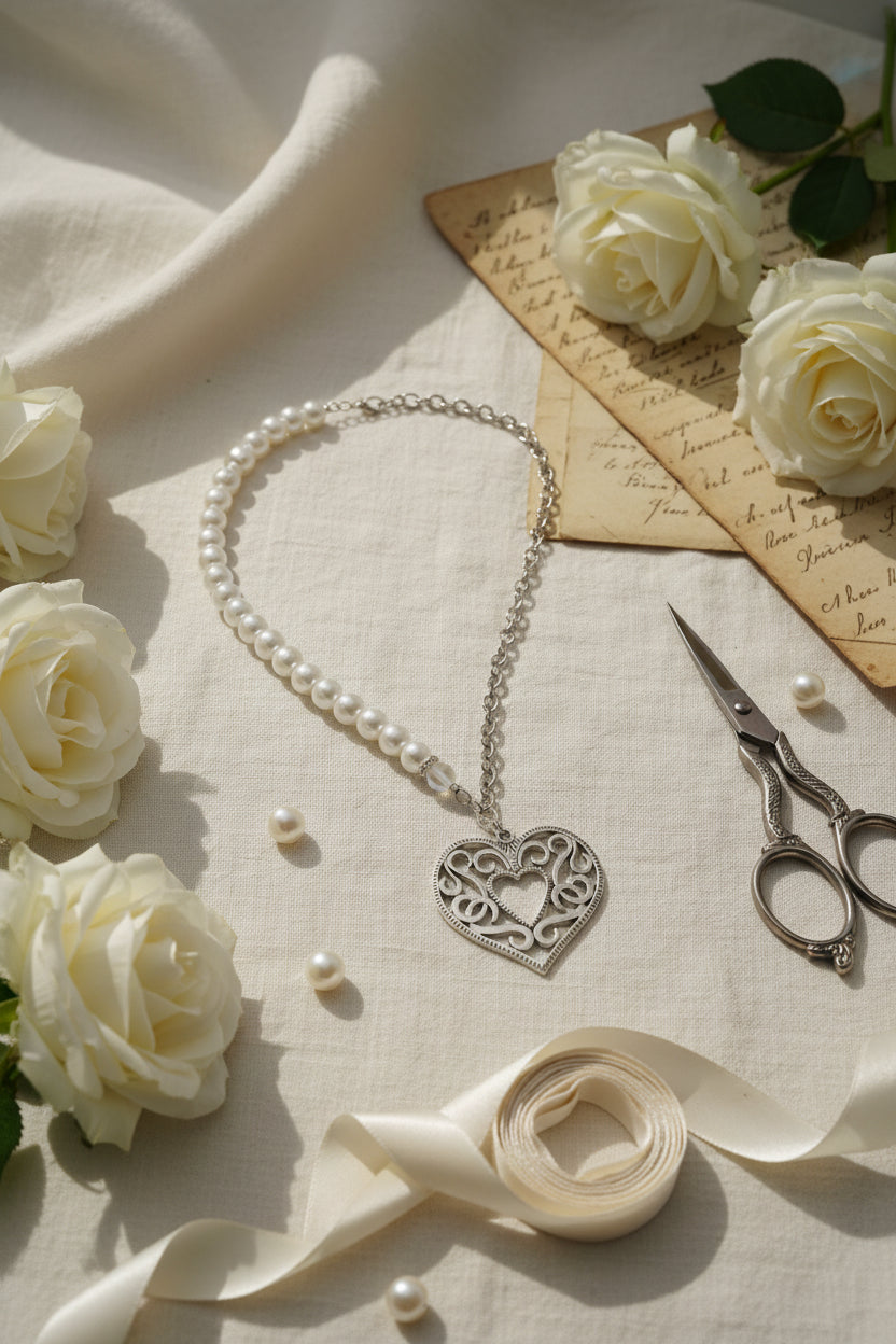 Half & Whole Heart Pearl Necklace