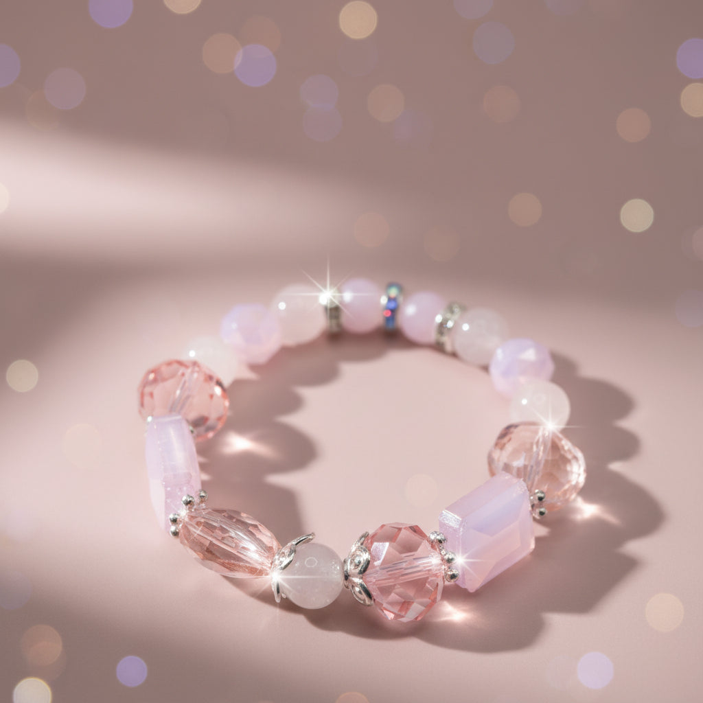 A pink beaded stretch bracelet featuring faceted round beads, rectangular beads, and small silver spacer rings, displayed on a neutral light gray background.