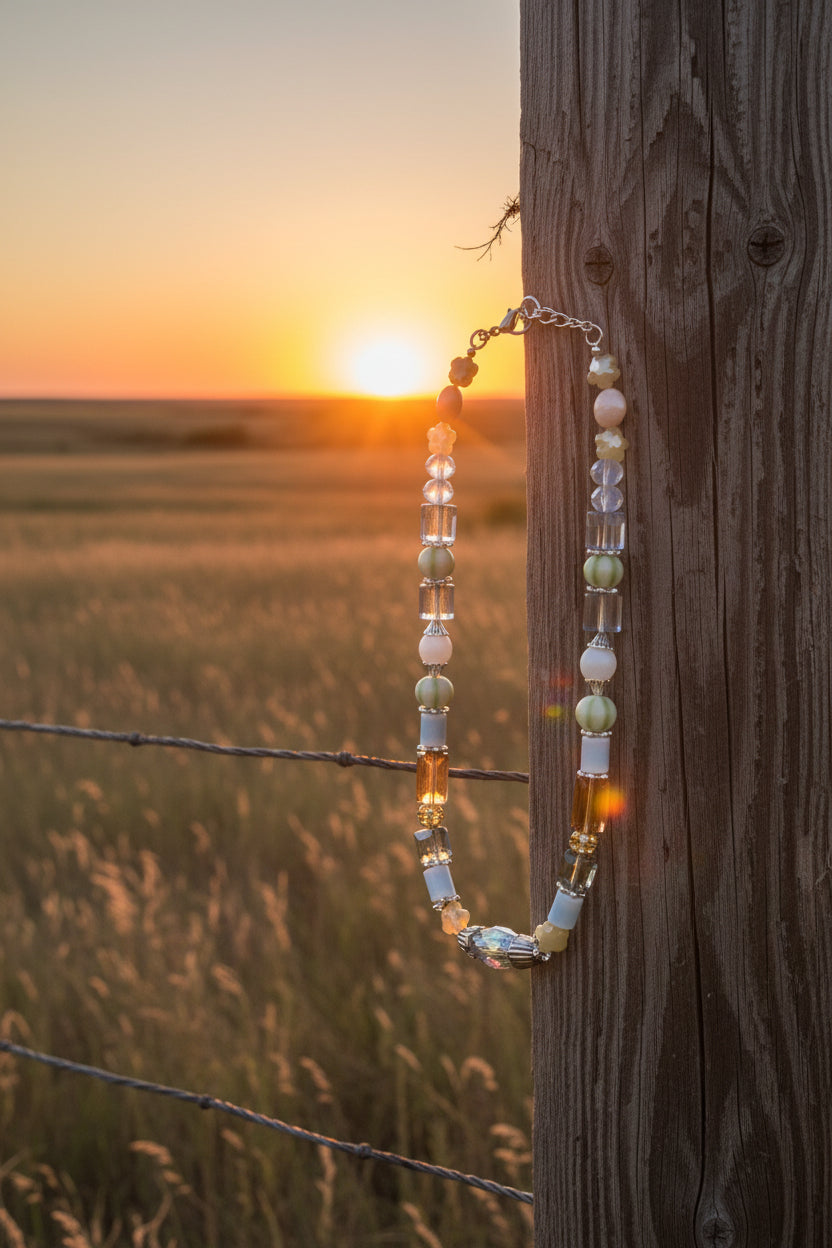 A beaded necklace displayed on a black jewelry bust against a white background. The necklace features a mix of pastel beads in light blue, pale green, cream, and translucent clear glass, with a larger iridescent oval bead at the center.