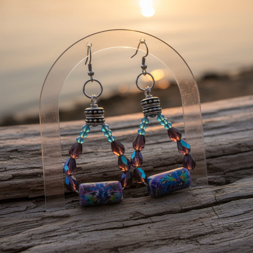 Beaded earrings with blue and purple beads on a gray background