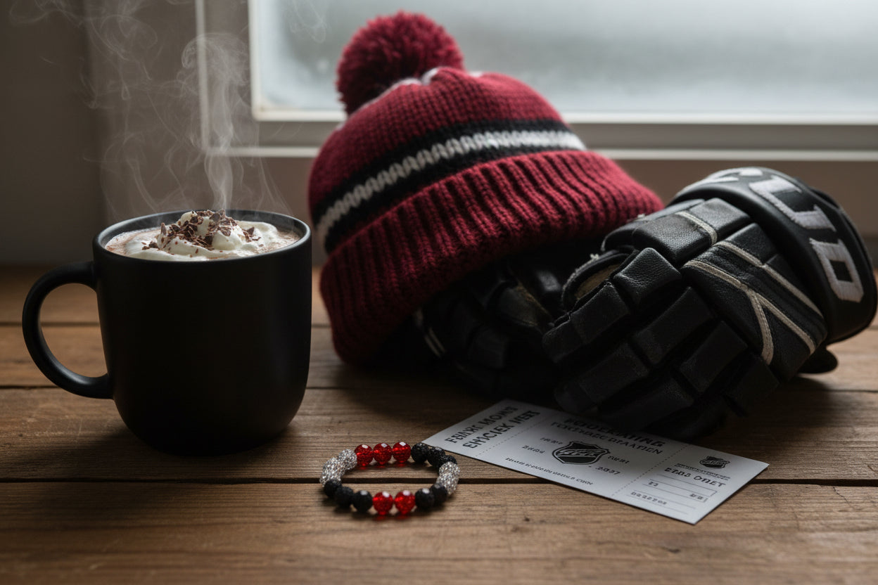 A beaded stretch bracelet featuring alternating red and black faceted beads, with two clear rhinestone-encrusted spacers on either side, displayed on a plain light gray background.