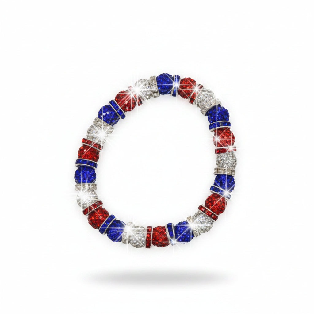 Bracelet with red, blue, and silver beads on a gray background