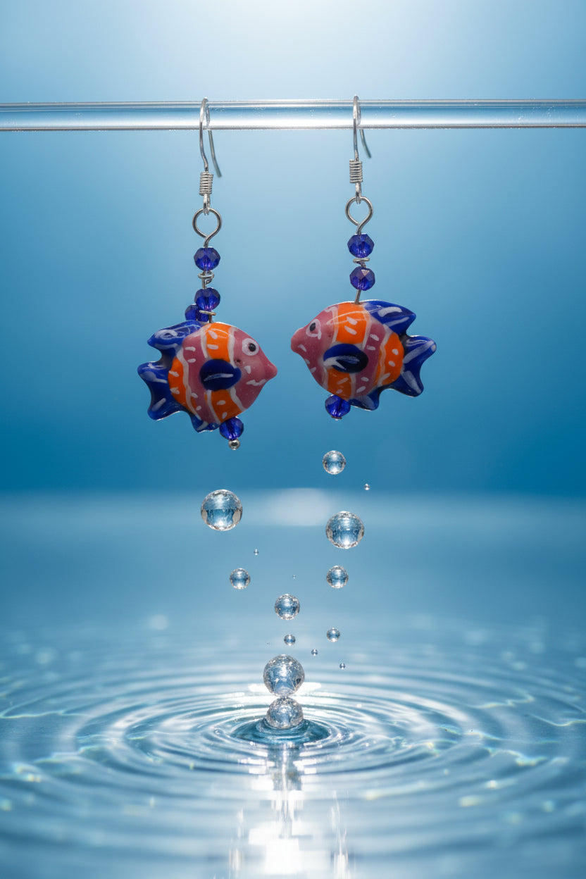 Fish-shaped earrings with blue and orange design on a gray background