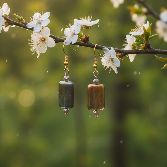 Pair of earrings with gold hooks and rectangular beads on a gray background
