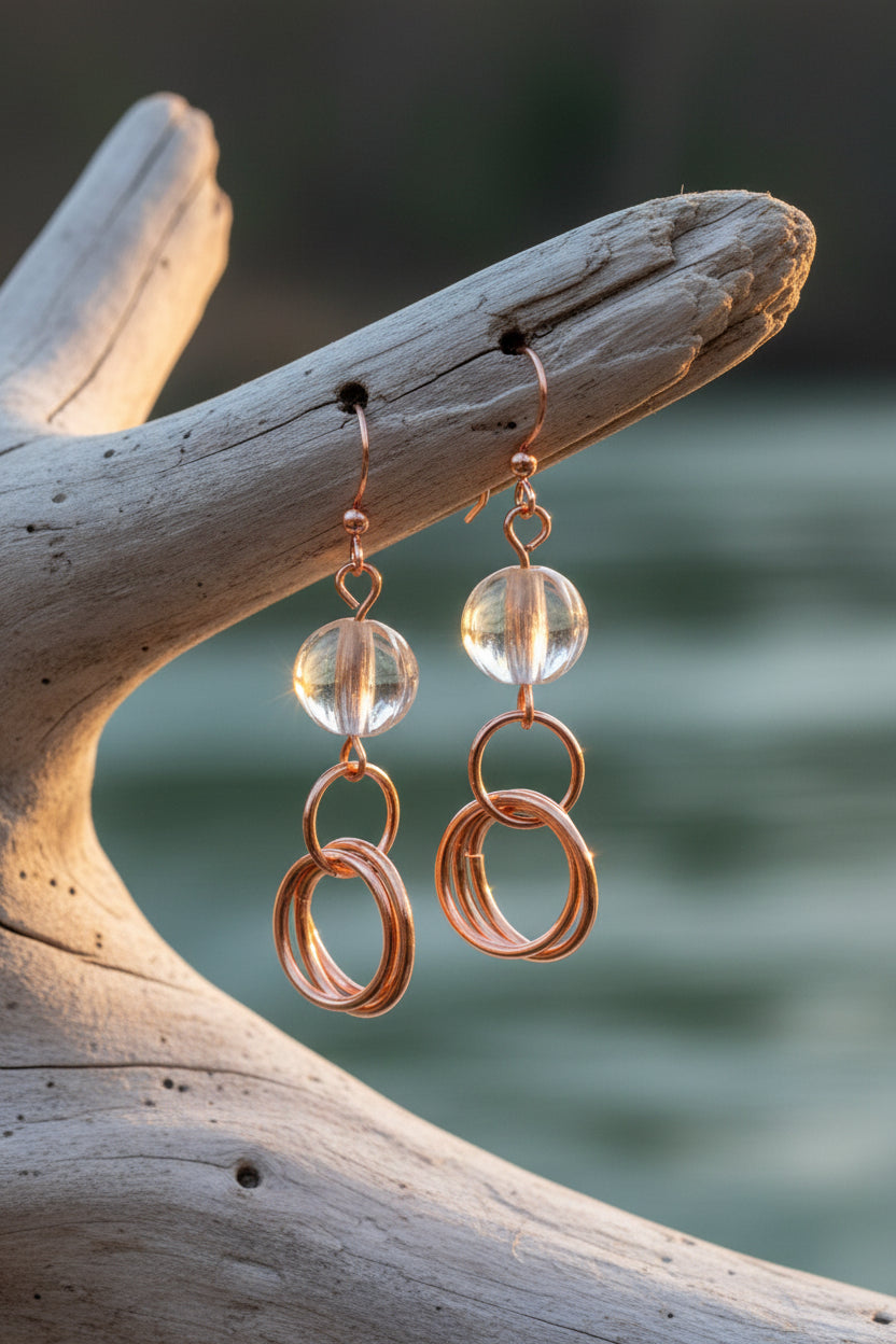 A pair of copper drop earrings with clear faceted beads and interlocking copper rings, hanging from a weathered driftwood branch with a blurred outdoor water background.