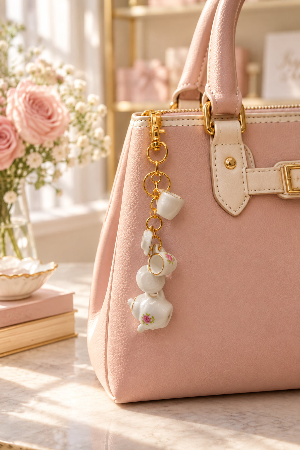 A small white ceramic bunny charm with tiny floral details and gold-tone metal rings and clasp, displayed on a clear acrylic stand with a wooden base against a light gray background.