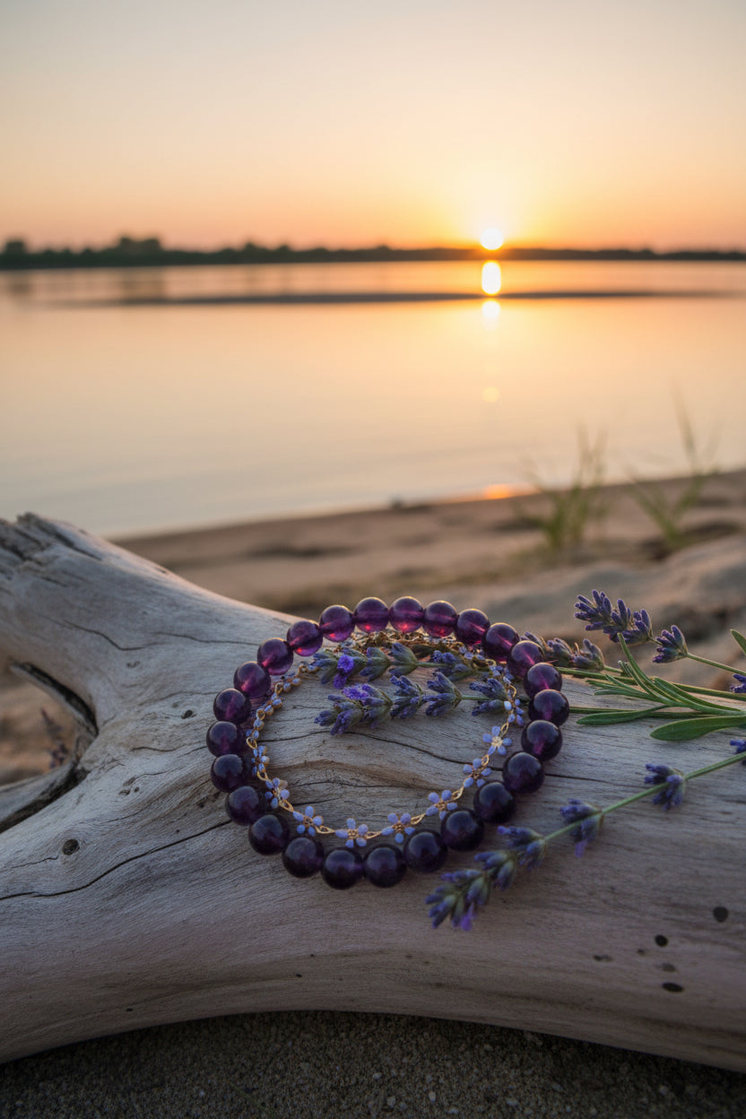 Bracelet with purple beads and gold accents on a gray background