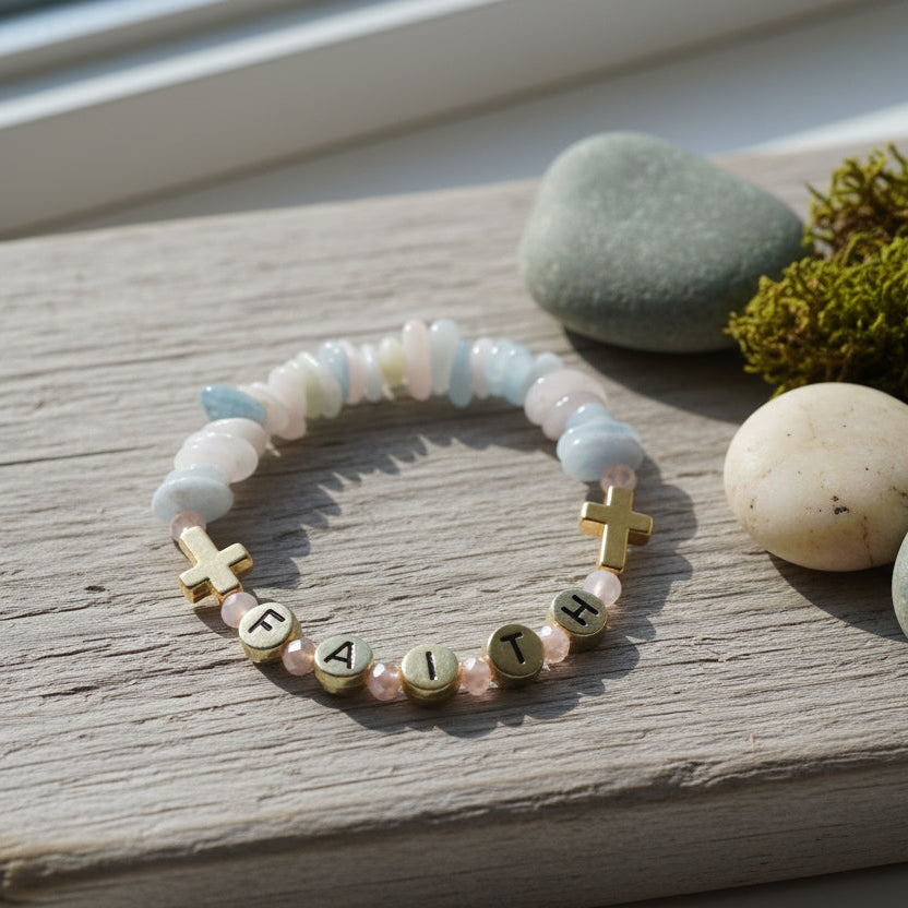 Bracelet with colorful beads and gold letters on a white background