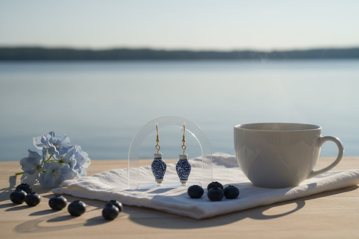 A pair of dangling earrings with small white and blue patterned ceramic bottle charms and gold fishhook wires, displayed against a light gray background.