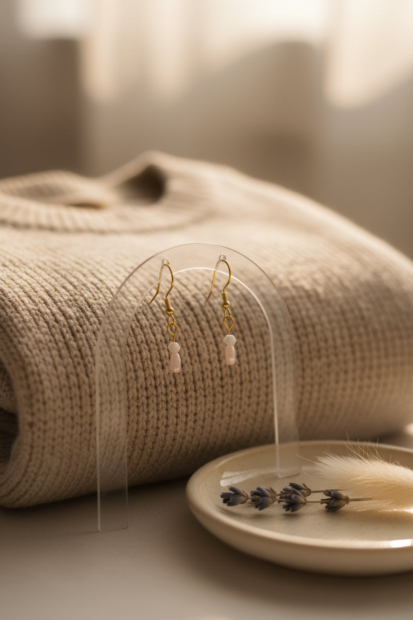 A pair of gold dangle earrings with small white beads and pale pink teardrop-shaped stones, displayed against a light gray background.