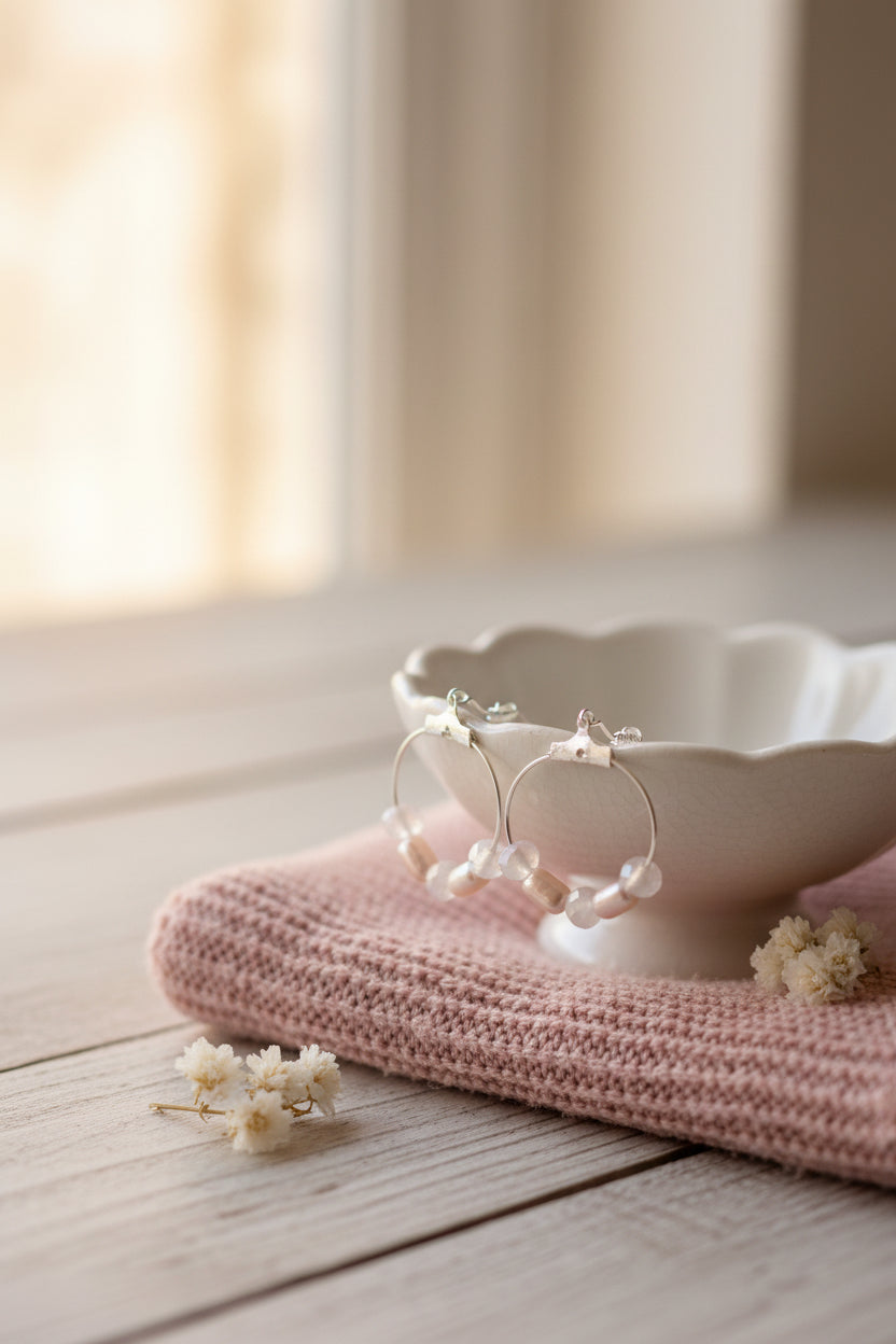 A pair of silver hoop earrings with small pale pink and white beads hanging from silver fishhook wires, displayed against a neutral gray background.