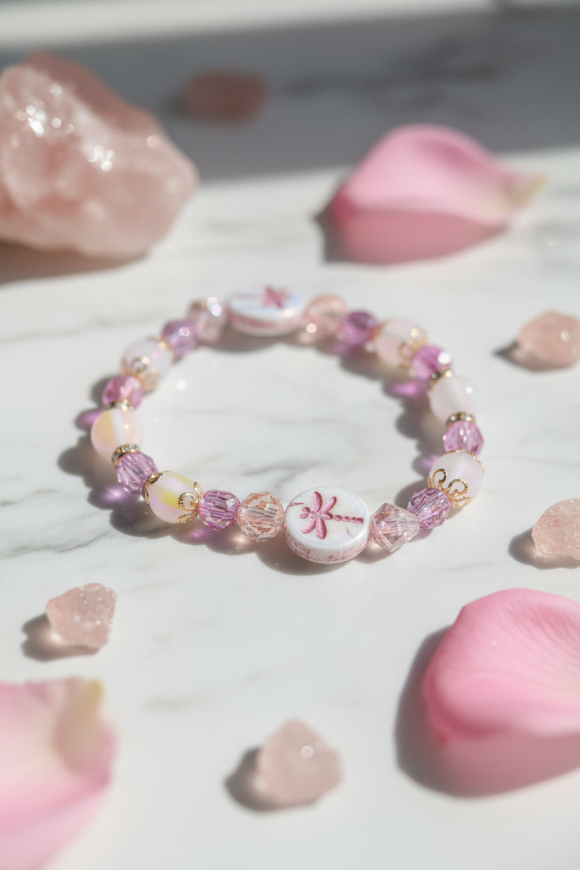 A beaded stretch bracelet featuring pink, peach, and purple faceted beads, gold spacer beads, and two round white beads with pink dragonfly designs, displayed on a neutral gray background.