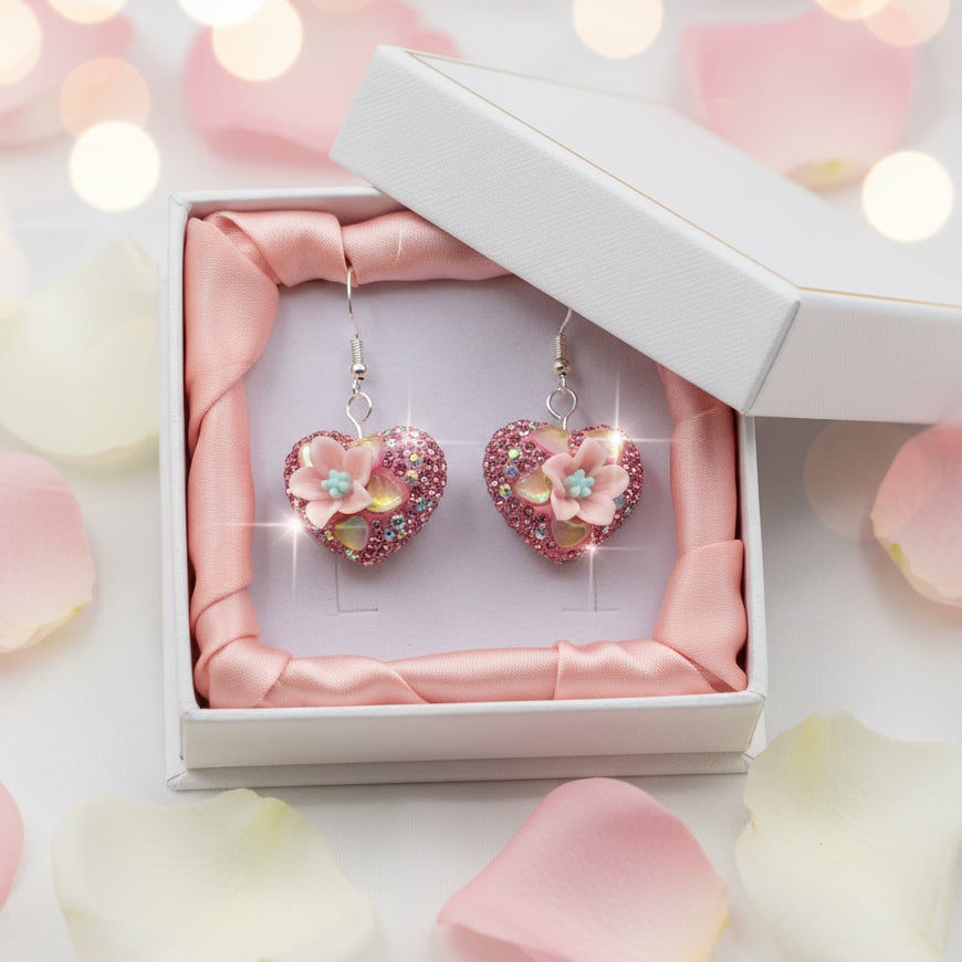 Heart-shaped earrings with floral designs on a gray background