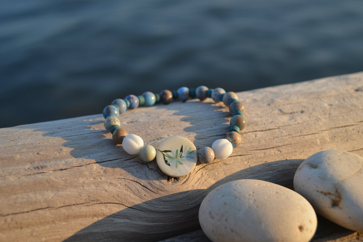 A handmade beaded bracelet featuring a central round white shell charm with a painted green leaf design, surrounded by marbled turquoise, blue, brown, and white beads on a neutral light gray background.