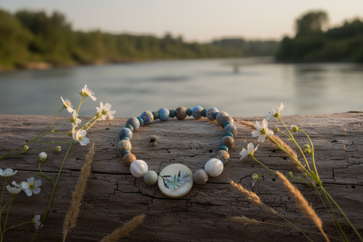 A beaded stretch bracelet featuring a variety of earthy, marbled beads in brown, beige, and blue, accented by smooth white and pale green beads, and a central round cream-colored button with a painted green leaf design.