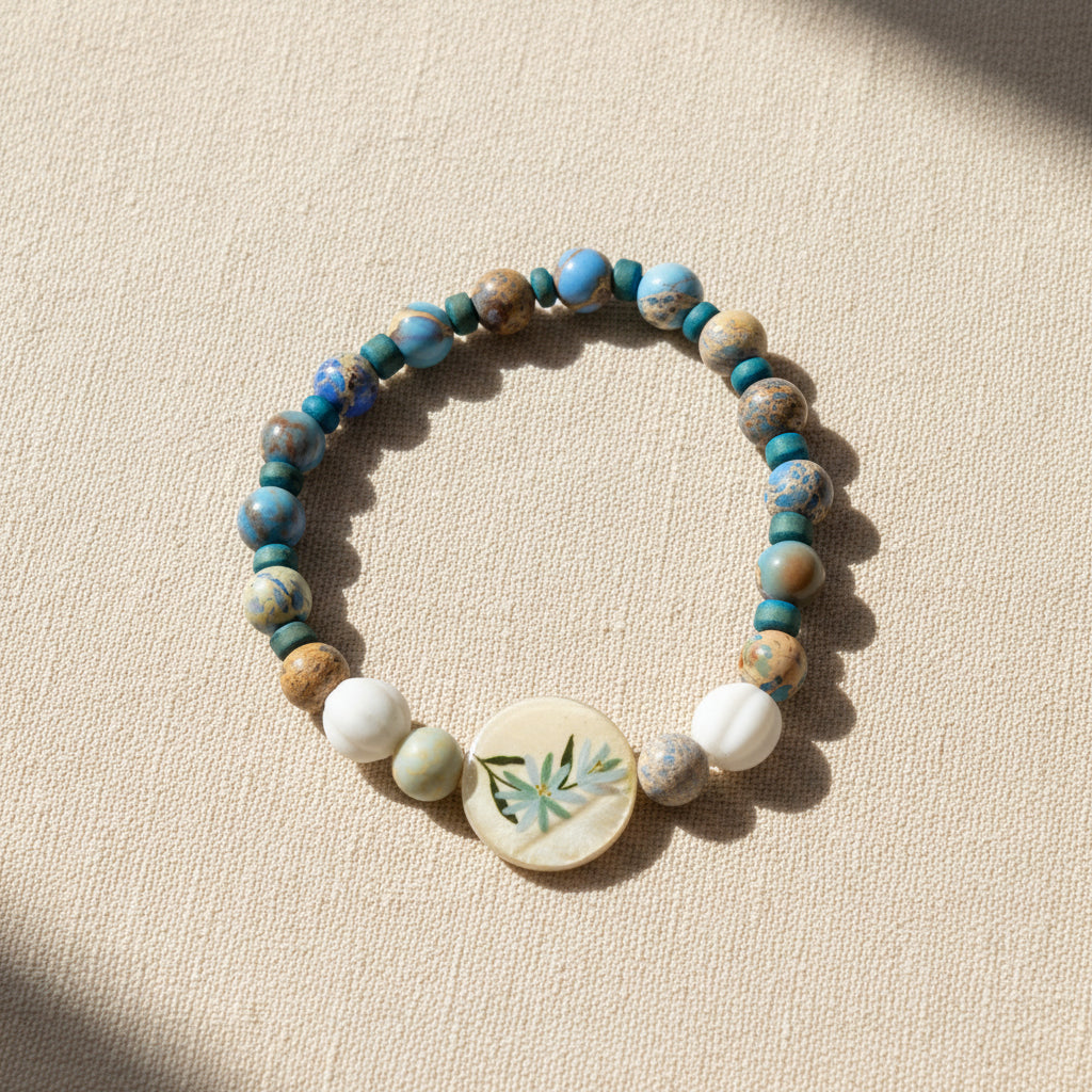 A beaded stretch bracelet featuring a variety of blue, brown, and white beads, with a central round white shell charm decorated with a green bamboo leaf design, set against a plain light gray background.