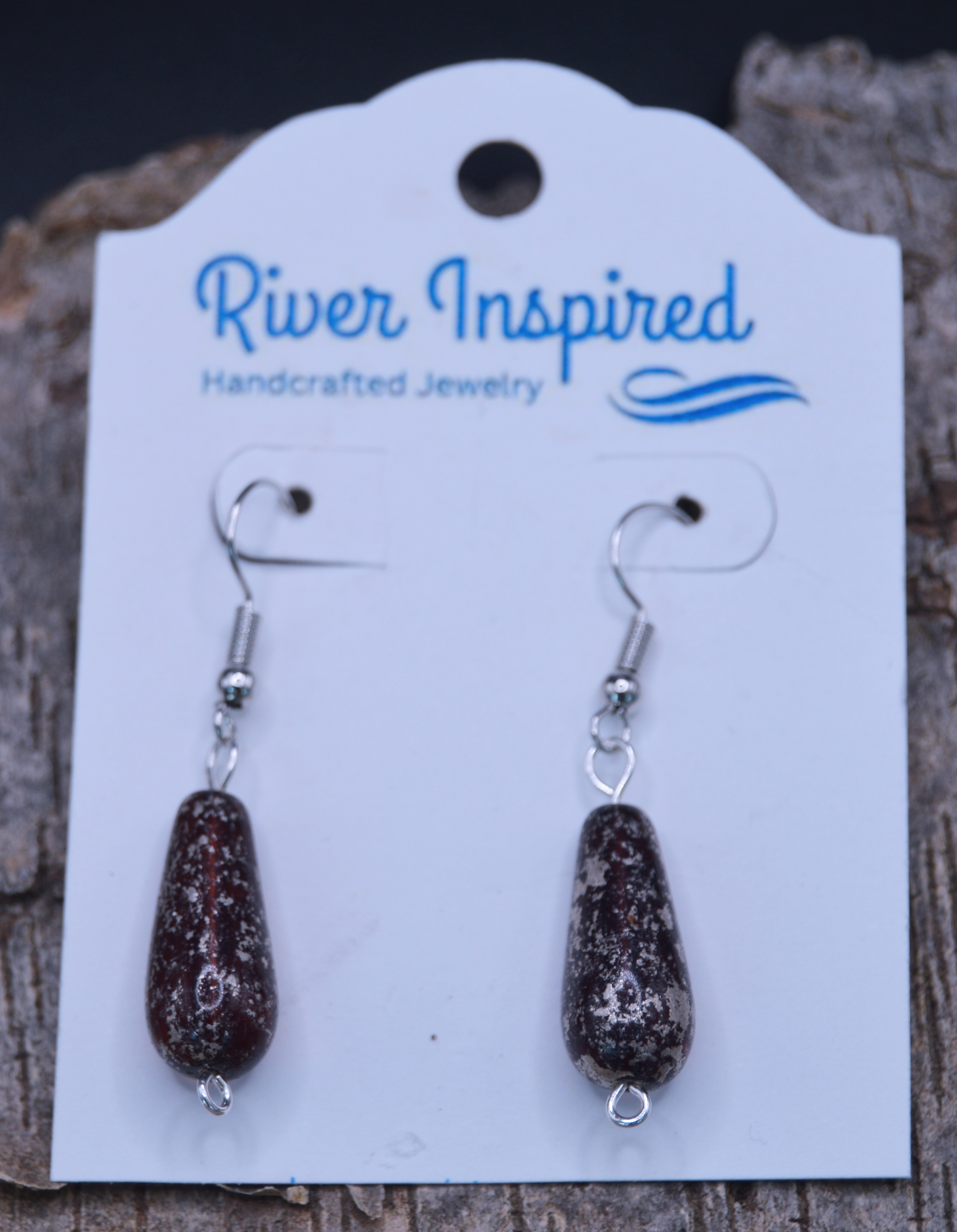 Brown Glass Elegance: Silver Marble-Inspired Earrings