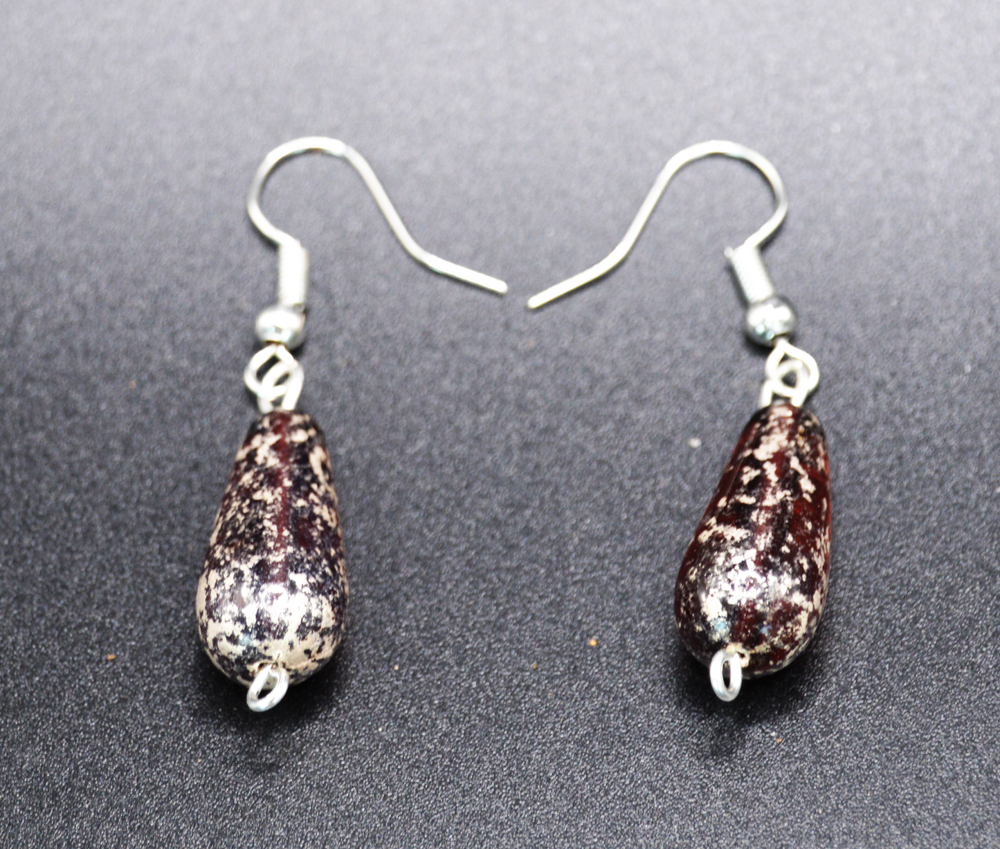 Brown Glass Elegance: Silver Marble-Inspired Earrings