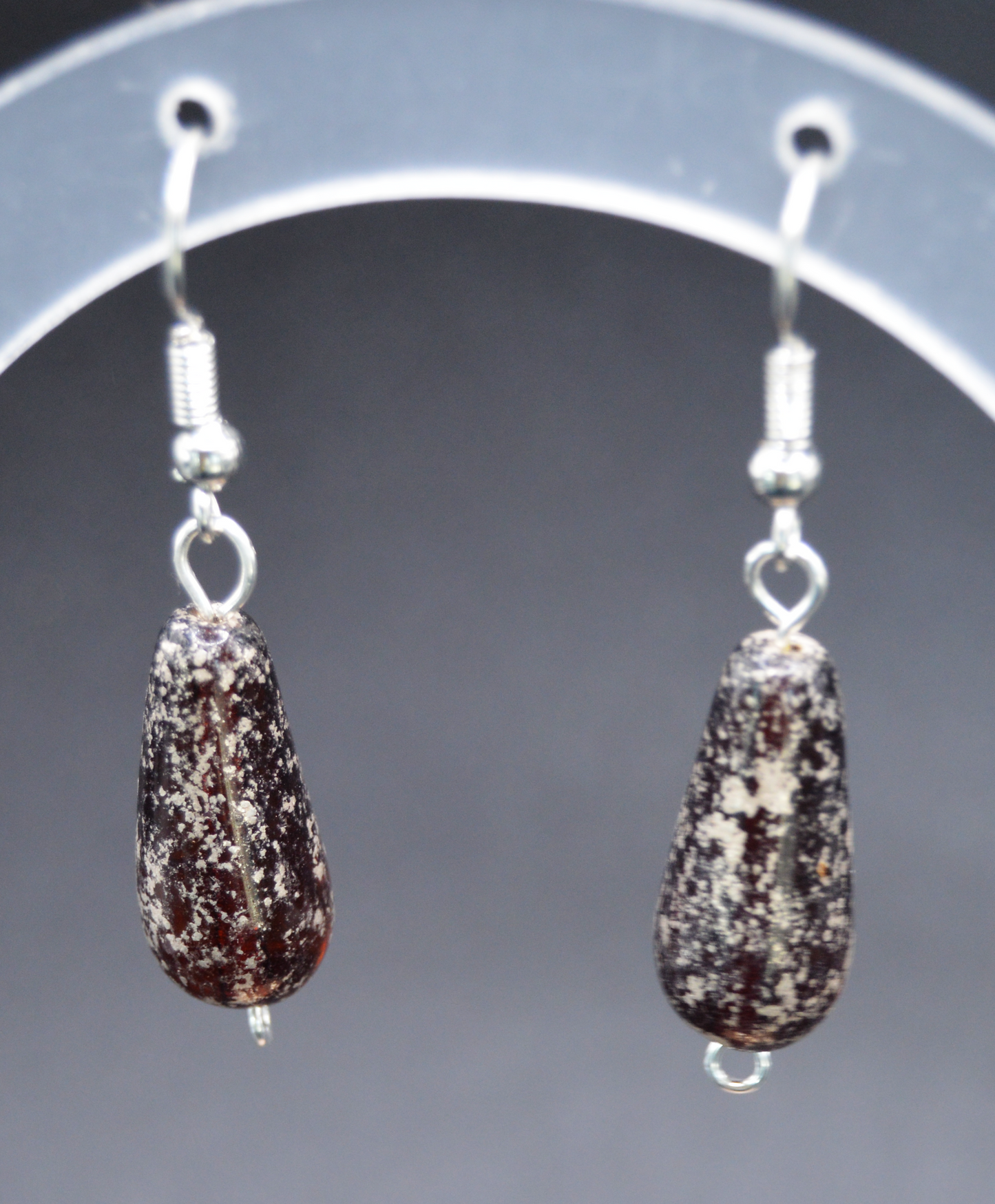 Brown Glass Elegance: Silver Marble-Inspired Earrings