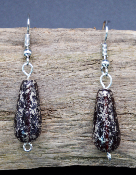 Brown Glass Elegance: Silver Marble-Inspired Earrings