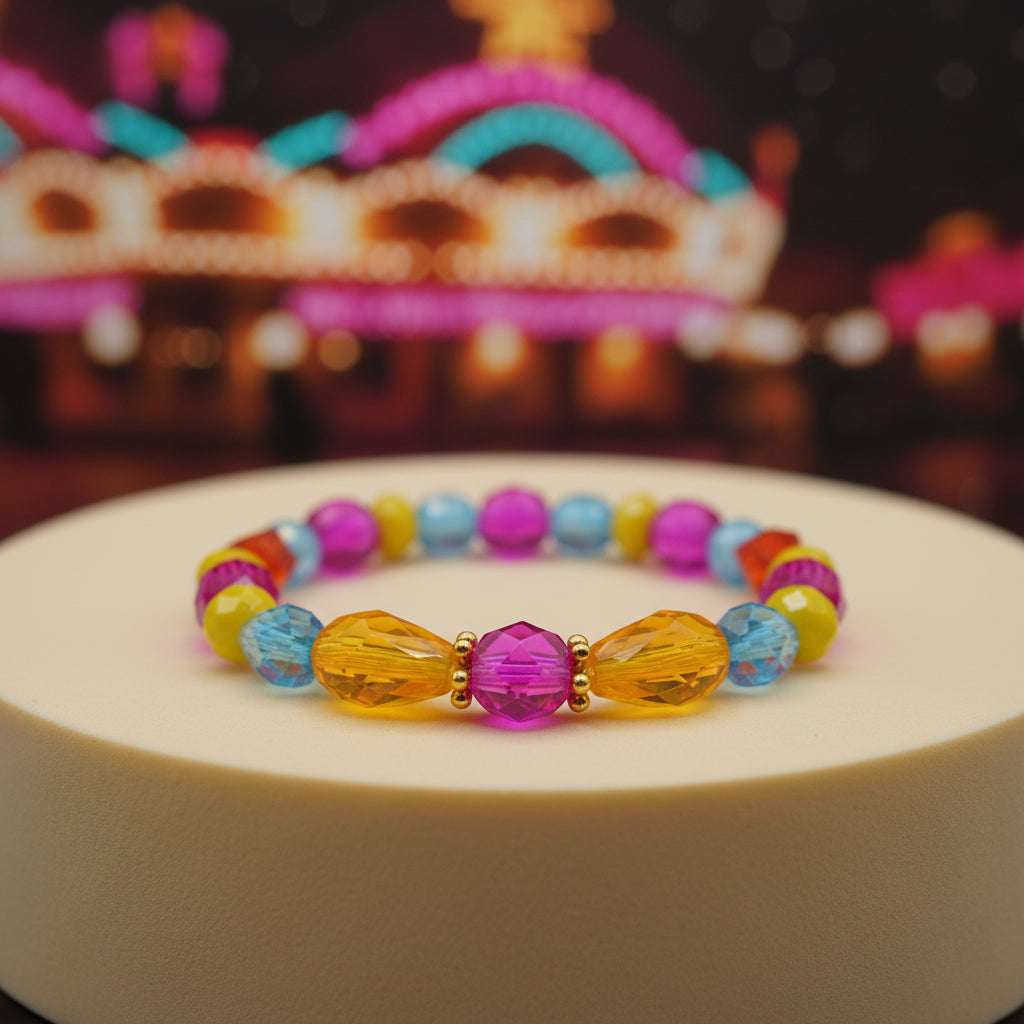 A beaded stretch bracelet featuring faceted glass beads in vibrant shades of pink, yellow, blue, and orange, with two larger central teardrop-shaped beads in orange and pink, set against a plain light gray background.