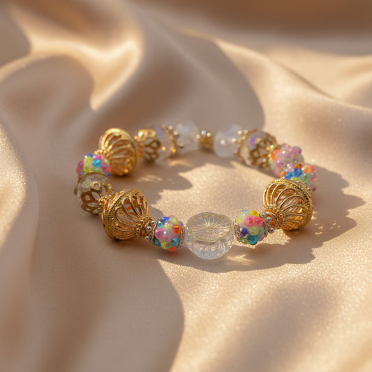 A beaded stretch bracelet featuring gold wire-wrapped beads, clear round beads, and iridescent multicolor faceted beads, displayed on a neutral light gray background.