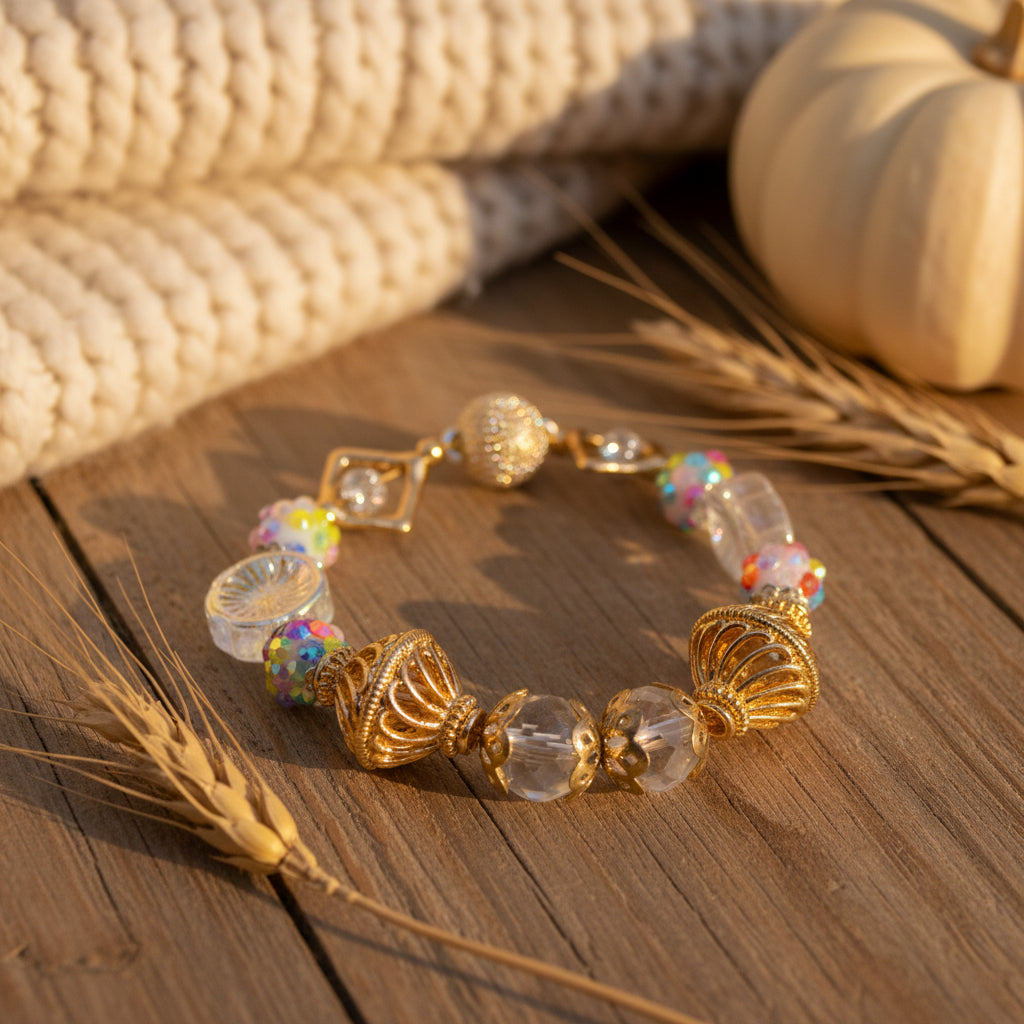 A gold-plated beaded bracelet featuring faceted clear glass beads, iridescent multicolor beads, and a textured gold clasp, displayed on a neutral gray background.