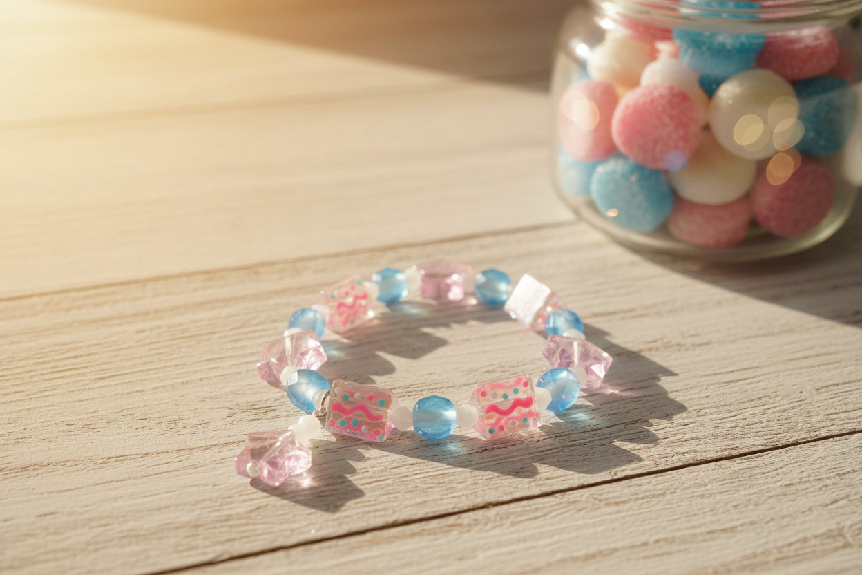 A beaded stretch bracelet featuring light blue faceted beads, pink star-shaped beads, and rectangular patterned beads with pink and yellow details, displayed on a plain light gray background.