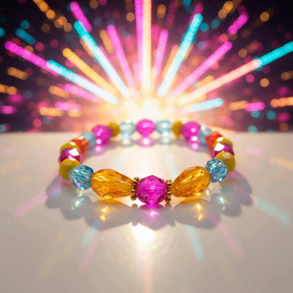 A colorful beaded stretch bracelet featuring faceted round beads in pink, blue, yellow, and orange, accented by two large teardrop-shaped yellow beads flanking a central pink faceted bead, shown on a plain light gray background.