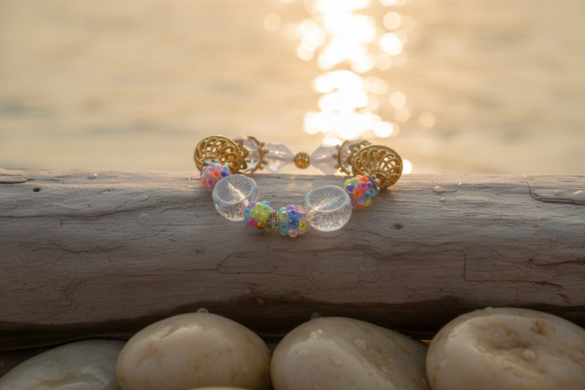 A beaded bracelet featuring gold filigree spacers, clear faceted beads, and several iridescent multicolor beads, displayed on a neutral gray background.