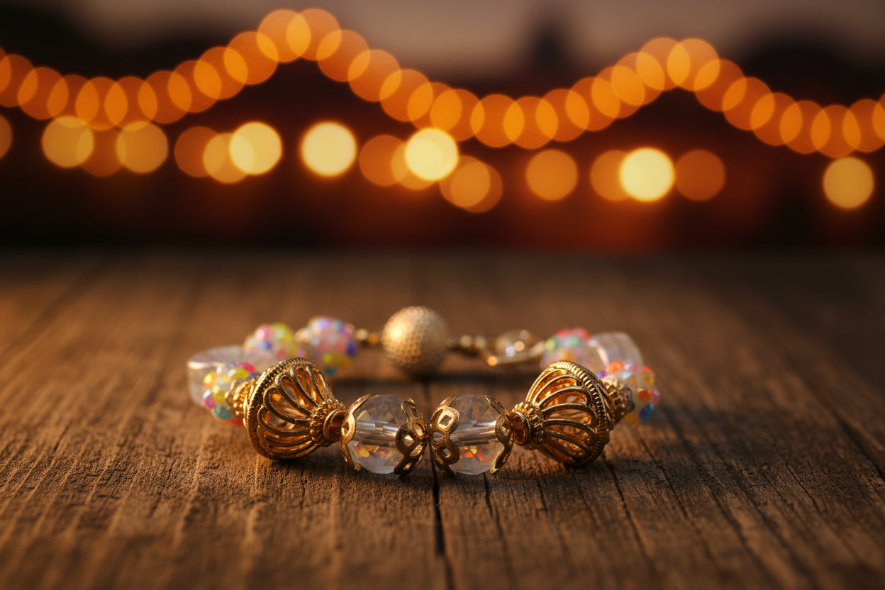 A gold-plated beaded bracelet featuring clear faceted beads, iridescent multicolor beads, and textured gold spacer elements, displayed on a neutral light gray background.