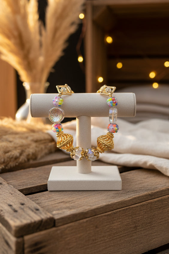 A gold-plated beaded bracelet featuring ornate filigree gold beads, clear faceted beads, and small multicolor patterned beads, displayed on a neutral light gray background.
