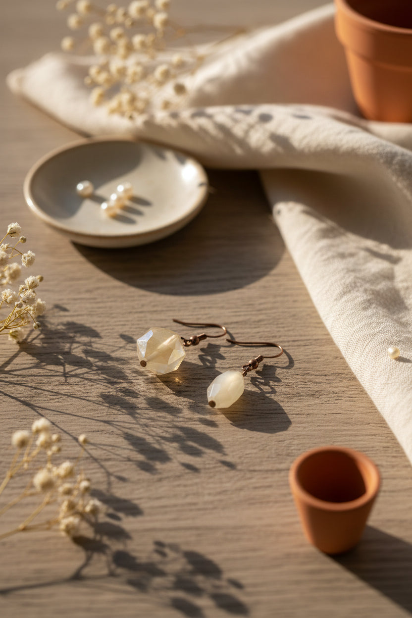 A pair of handmade dangle earrings featuring faceted cream-colored glass beads and copper-toned metal hooks, displayed on a clear acrylic stand against a neutral gray background.