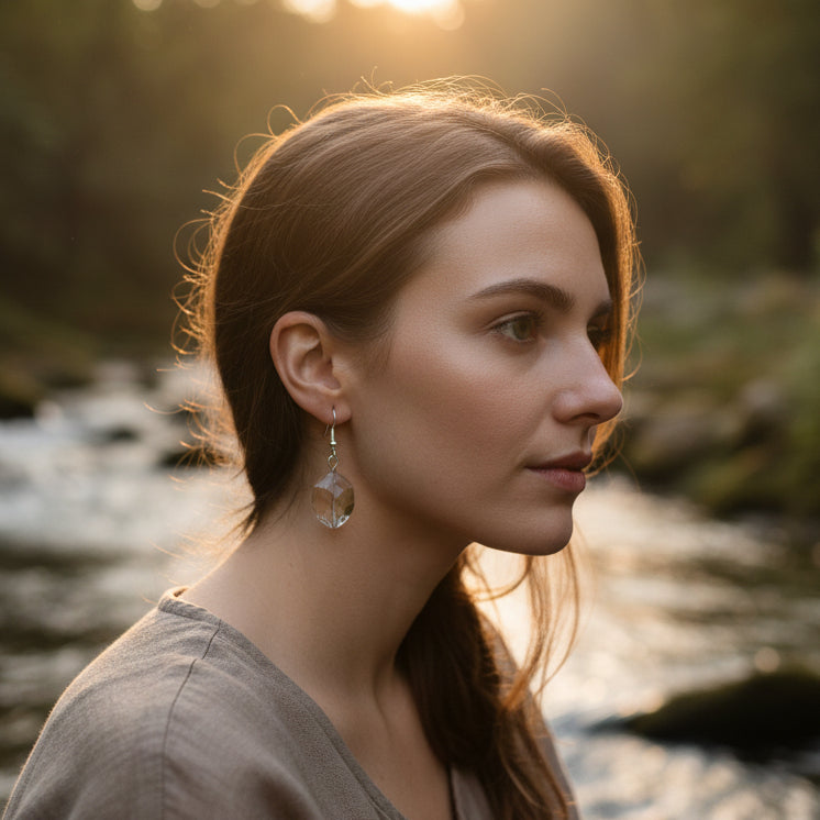 Pair of earrings with clear stones on a gray background